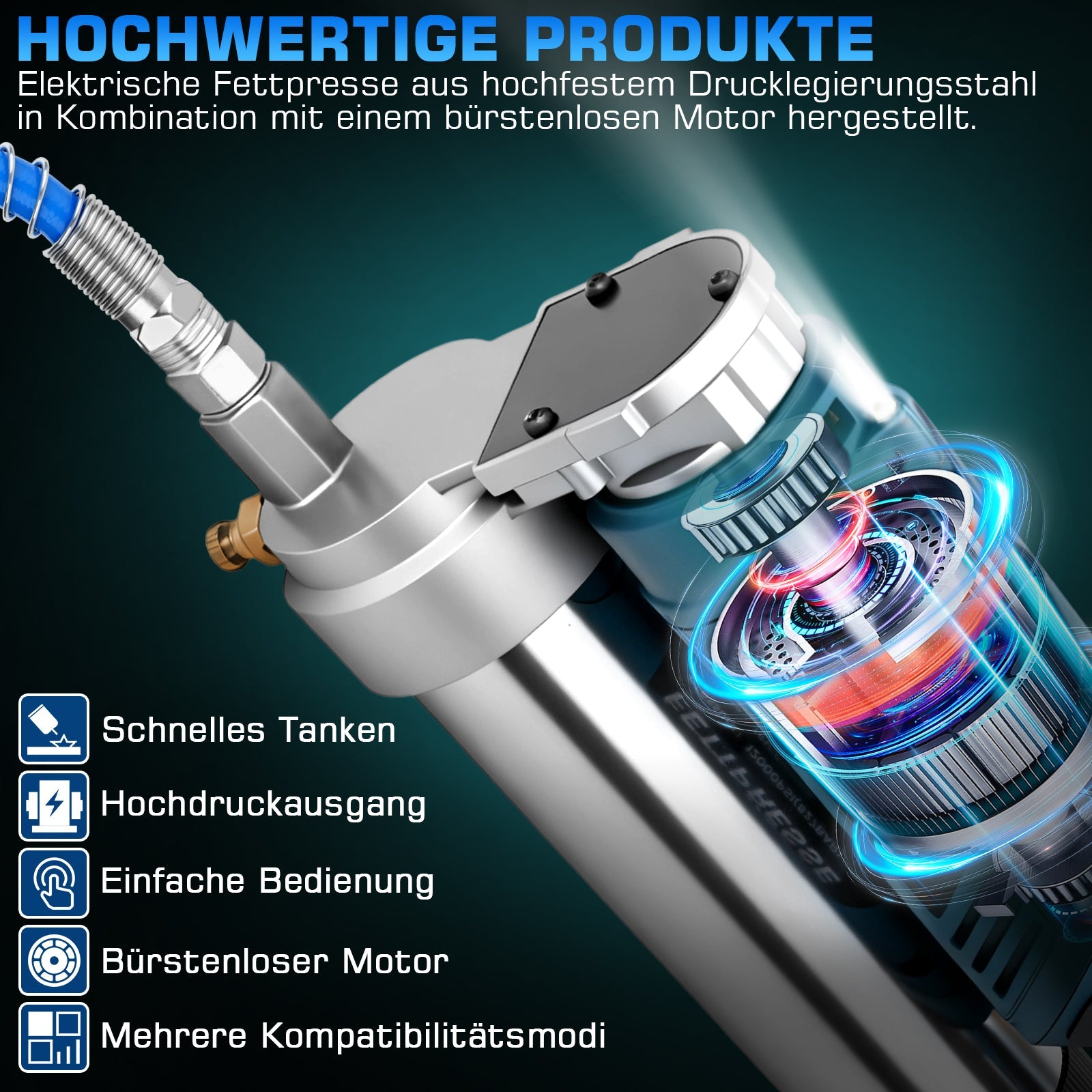 Akku Fettpresse 12000 PSI Hochdruck, 2 - in - 1 Griff, LED, 600g Kapazität, kabellos