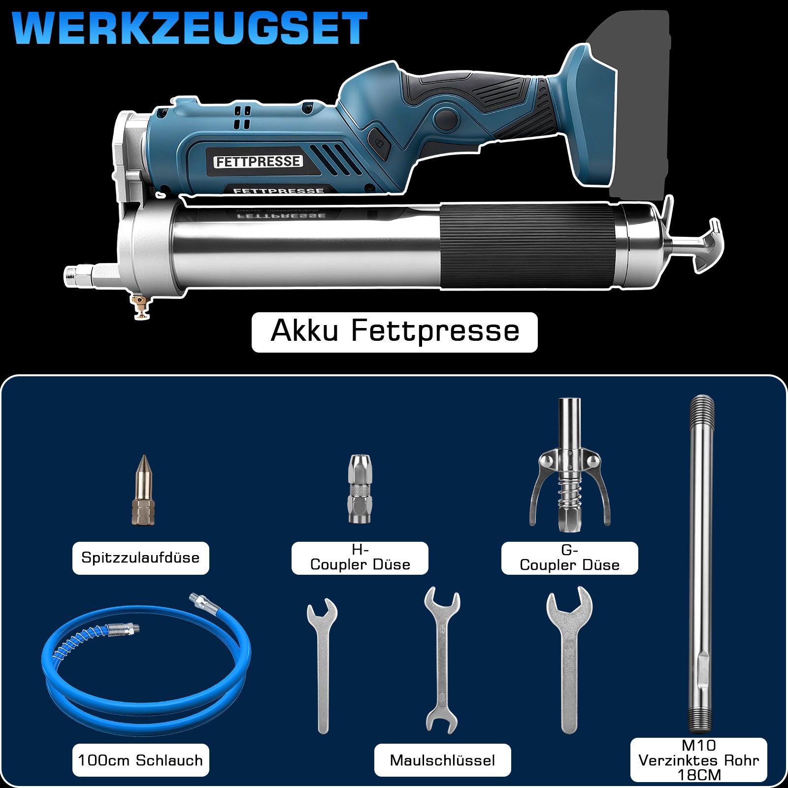 Akku Fettpresse 12000 PSI Hochdruck, 2 - in - 1 Griff, LED, 600g Kapazität, kabellos