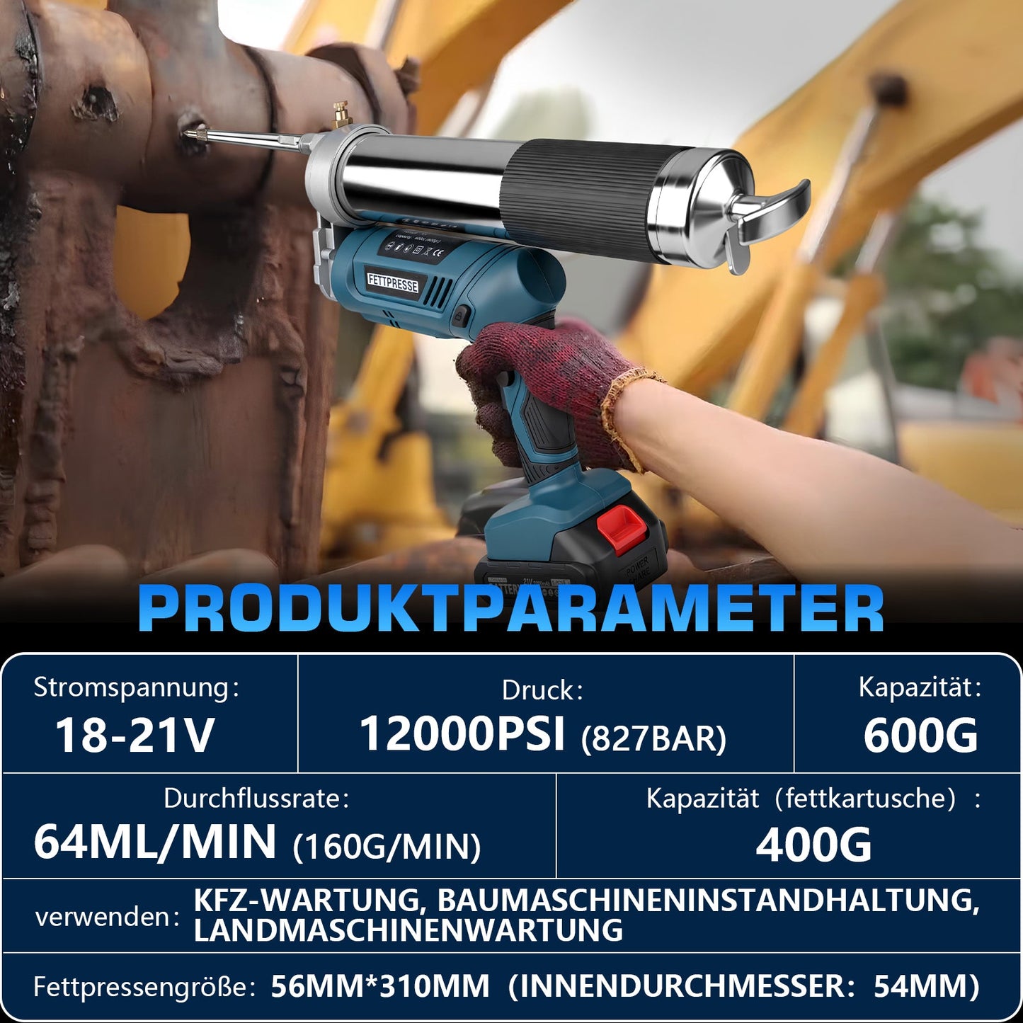 Akku Fettpresse 12000 PSI Hochdruck, 2 - in - 1 Griff, LED, 600g Kapazität, kabellos