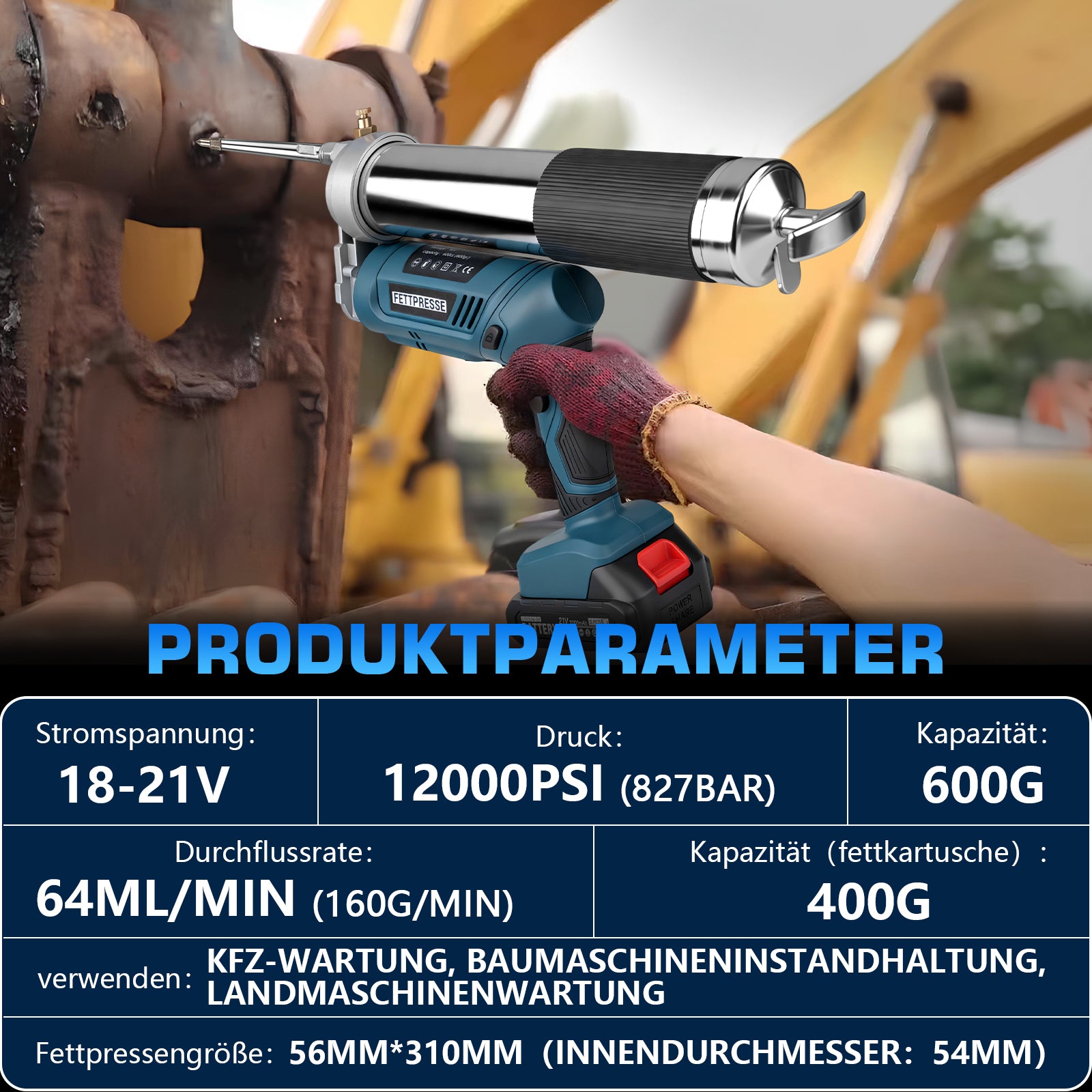 Akku Fettpresse 12000 PSI Hochdruck, 2 - in - 1 Griff, LED, 600g Kapazität, kabellos