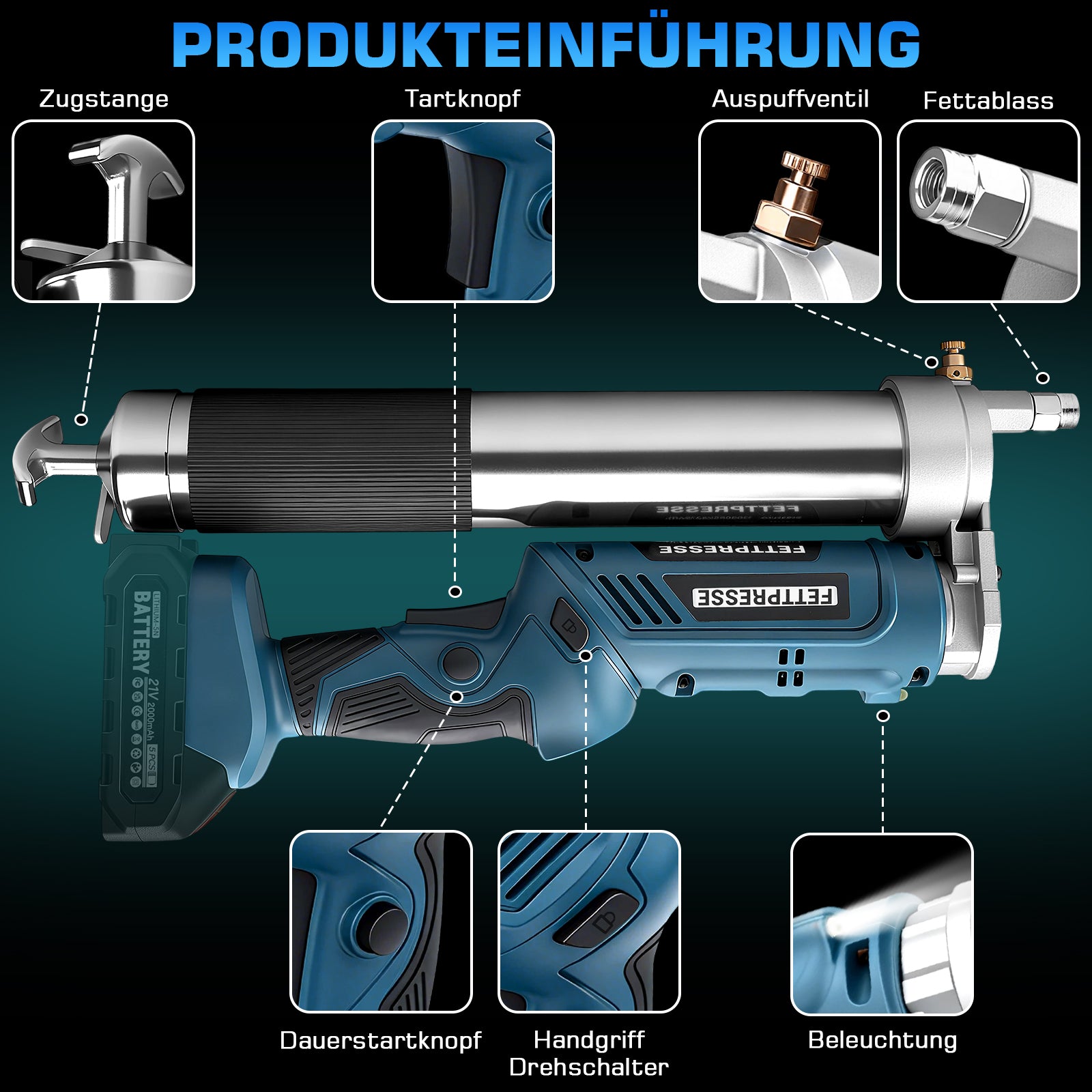 Akku Fettpresse 12000 PSI Hochdruck, 2 - in - 1 Griff, LED, 600g Kapazität, kabellos