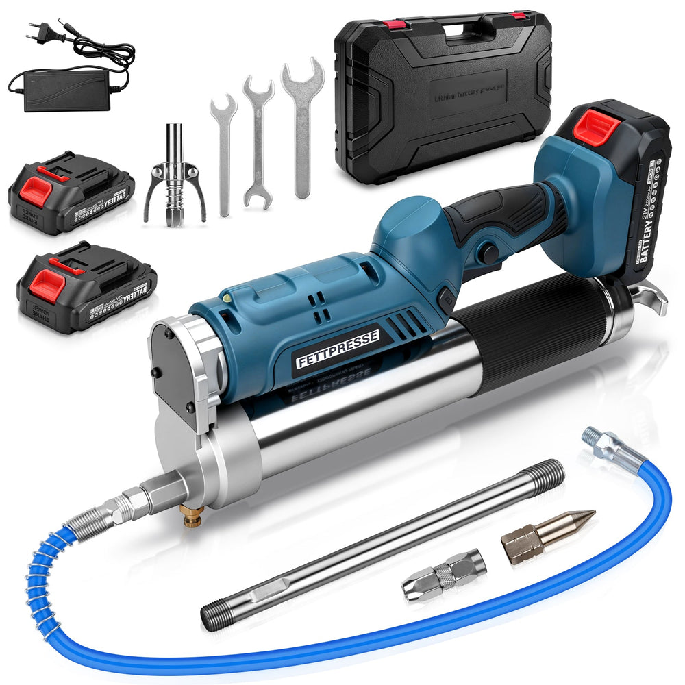 Battery-powered grease gun 18-21V high-pressure 12000 PSI with LED, 2-in-1 handle and versatile nozzles for machine maintenance