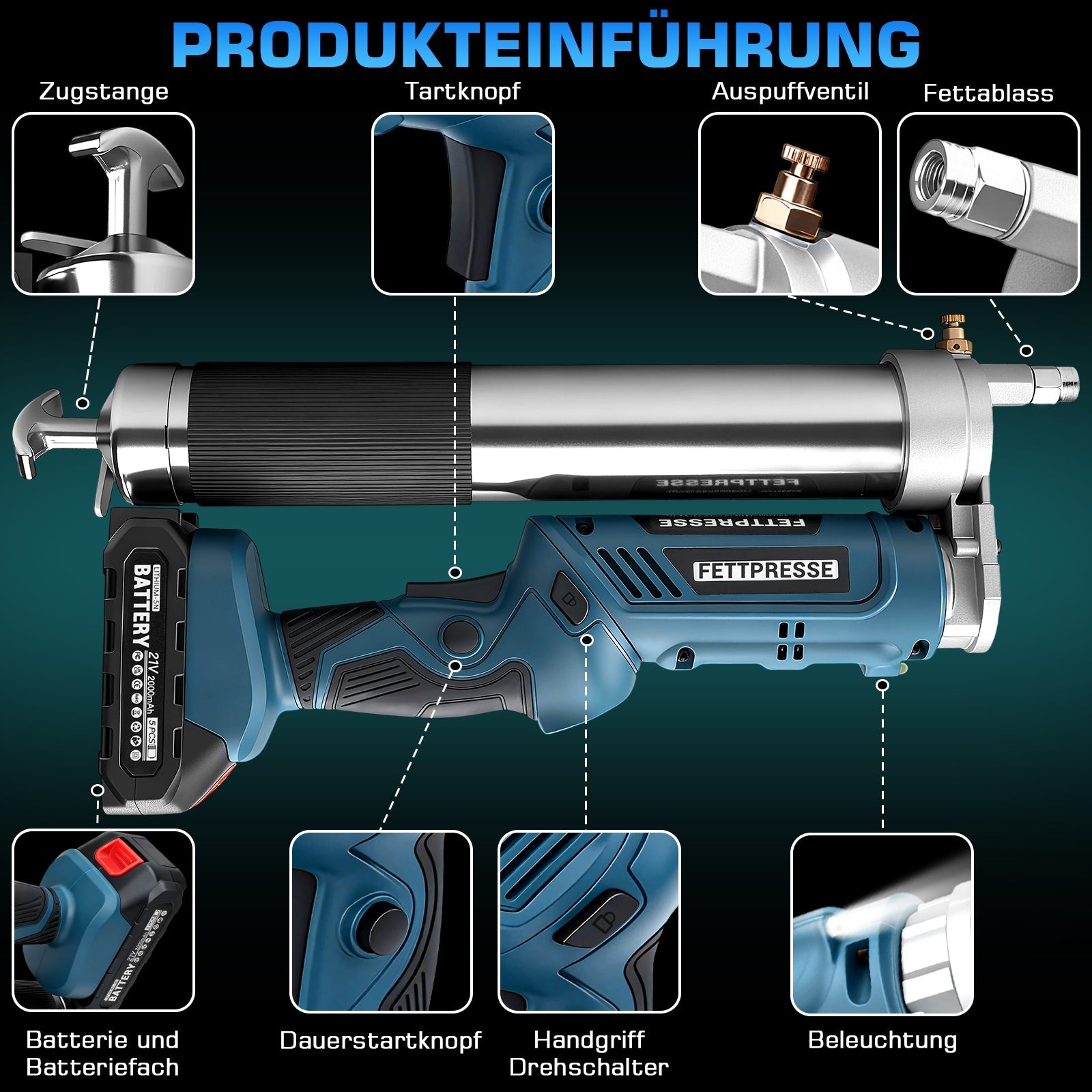 Akku - Fettpresse 18 - 21V Hochdruck 12000 PSI mit LED, 2 - in - 1 Handgriff und vielseitigen Düsen für Maschinenwartung