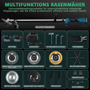 Akku Freischneider mit bürstenlosem Motor 1380W – Multifunktions Rasentrimmer mit Sägeblatt, Metallmesser und Bürsten, kabellose Motorsense