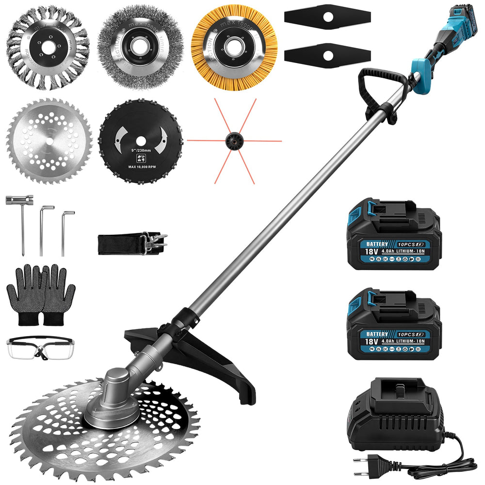 Accu-bosmaaier met borstelloze motor 1380W – multifunctionele grastrimmer met zaagblad, metalen mes en borstels, draadloze kantmaaier