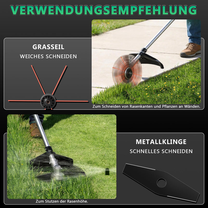 Akku Freischneider mit bürstenlosem Motor 1380W – Multifunktions Rasentrimmer mit Sägeblatt, Metallmesser und Bürsten, kabellose Motorsense