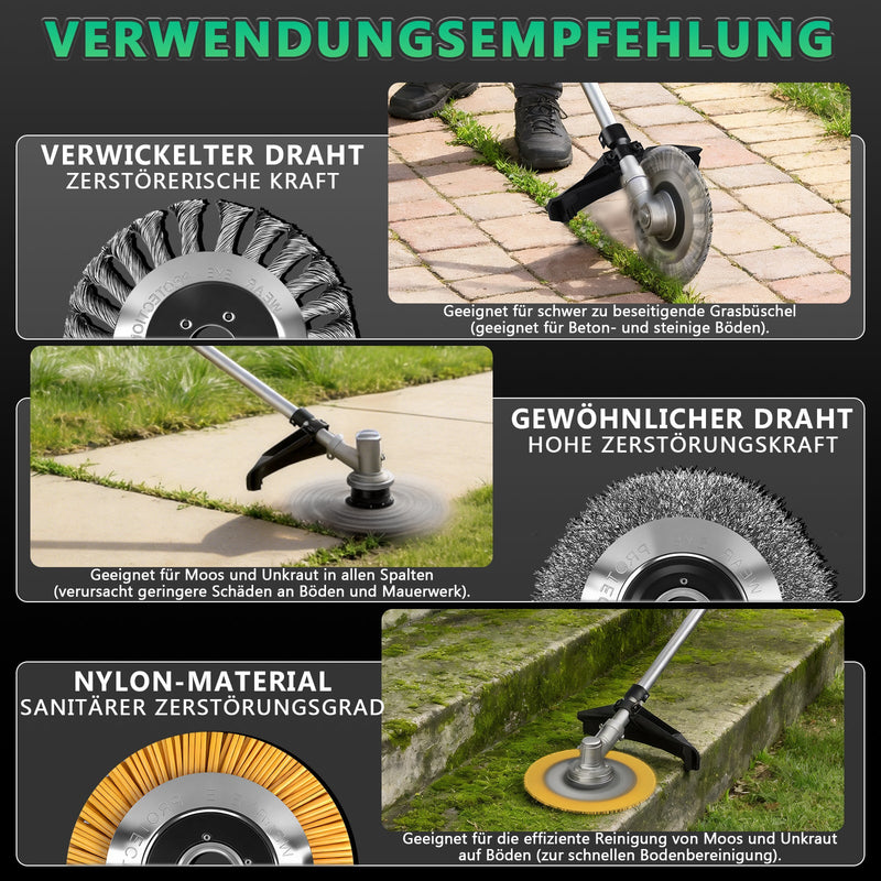 Akku Freischneider mit bürstenlosem Motor 1380W – Multifunktions Rasentrimmer mit Sägeblatt, Metallmesser und Bürsten, kabellose Motorsense