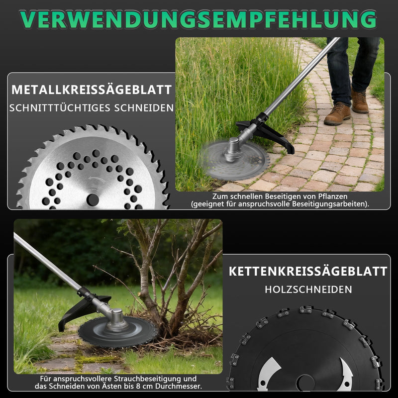 Akku Freischneider mit bürstenlosem Motor 1380W – Multifunktions Rasentrimmer mit Sägeblatt, Metallmesser und Bürsten, kabellose Motorsense