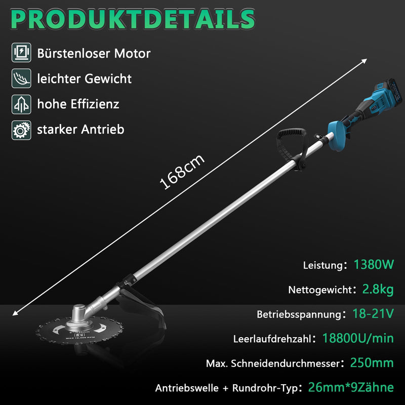 Akku Freischneider mit bürstenlosem Motor 1380W – Multifunktions Rasentrimmer mit Sägeblatt, Metallmesser und Bürsten, kabellose Motorsense