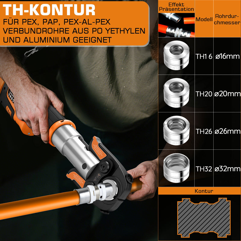 Akku - Presszange elektrohydraulisch – automatische Druckkontrolle, TH & V Pressbacken