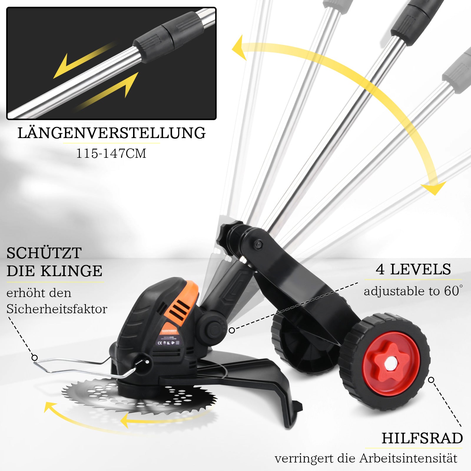 Akku Rasenmäher – 1200W bürstenloser Motor, verstellbar, mit 4 Aufsätzen, ideal für Rasenpflege und Unkrautbeseitigung