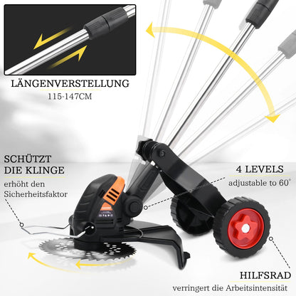 Akku Rasenmäher – 1200W bürstenloser Motor, verstellbar, mit 4 Aufsätzen, ideal für Rasenpflege und Unkrautbeseitigung