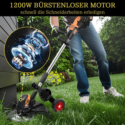Akku Rasenmäher – 1200W bürstenloser Motor, verstellbar, mit 4 Aufsätzen, ideal für Rasenpflege und Unkrautbeseitigung