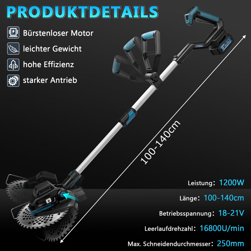 Akku Rasentrimmer 18V Bürstenlos mit 2x 4Ah Akku, Unkrautbürste, Sägeblatt, Freischneider, Makita Akku kompatibel, Teleskopstiel 100–140 cm