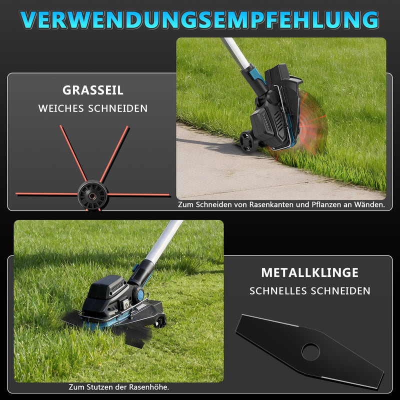 Akku Rasentrimmer 18V Bürstenlos mit 2x 4Ah Akku, Unkrautbürste, Sägeblatt, Freischneider, Makita Akku kompatibel, Teleskopstiel 100–140 cm