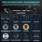 Akku Rasentrimmer 18V Bürstenlos mit 2x 4Ah Akku, Unkrautbürste, Sägeblatt, Freischneider, Makita Akku kompatibel, Teleskopstiel 100–140 cm