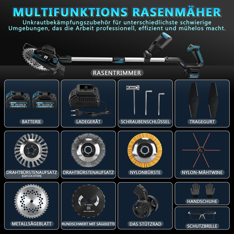 Akku Rasentrimmer 18V Bürstenlos mit 2x 4Ah Akku, Unkrautbürste, Sägeblatt, Freischneider, Makita Akku kompatibel, Teleskopstiel 100–140 cm