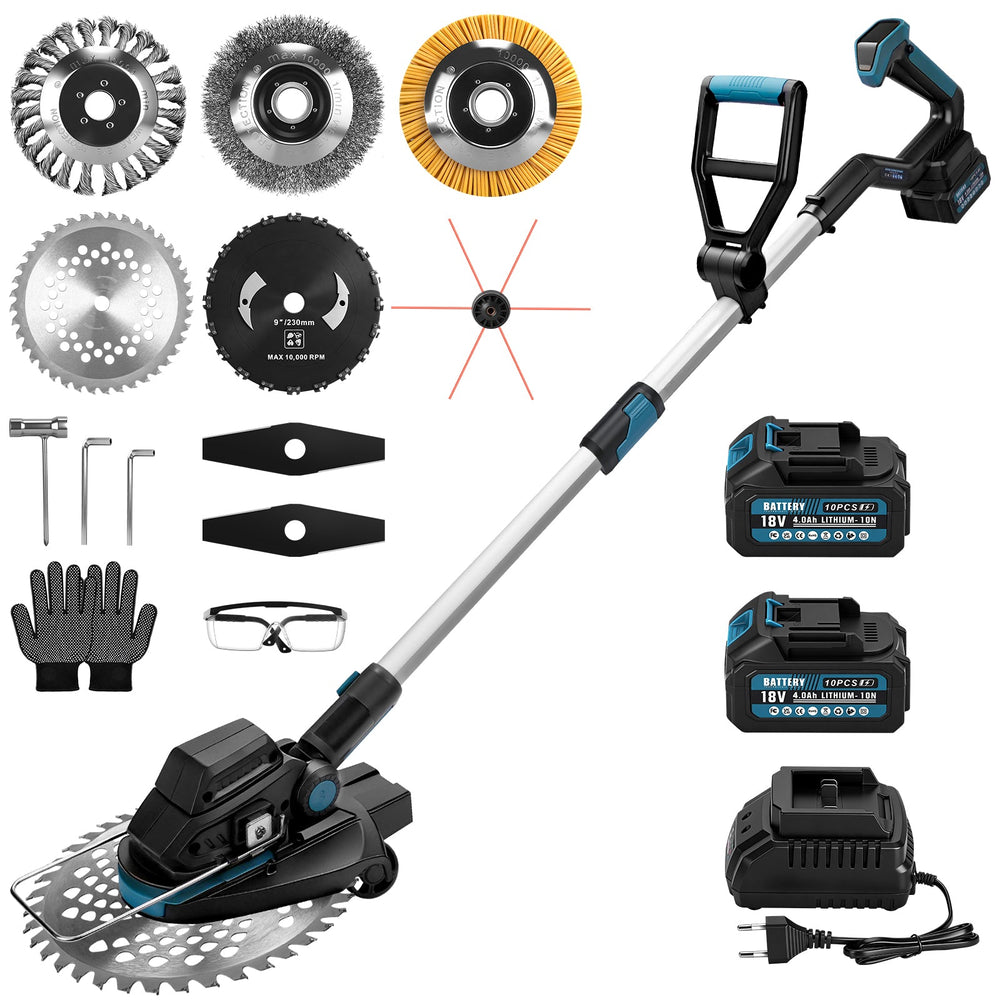 Batteridrevet græstrimmer 18V børsteløs med 2x 4Ah batteri, ukrudtsbørste, savklinge, kratrydder,  kompatibel med batteri, teleskopskaft 100–140 cm