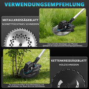 Akku Rasentrimmer 18V Bürstenlos mit 2x 4Ah Akku, Unkrautbürste, Sägeblatt, Freischneider, Makita Akku kompatibel, Teleskopstiel 100–140 cm