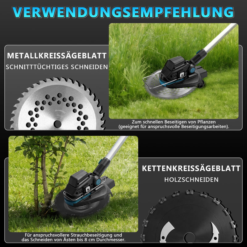 Akku Rasentrimmer 18V Bürstenlos mit 2x 4Ah Akku, Unkrautbürste, Sägeblatt, Freischneider, Makita Akku kompatibel, Teleskopstiel 100–140 cm