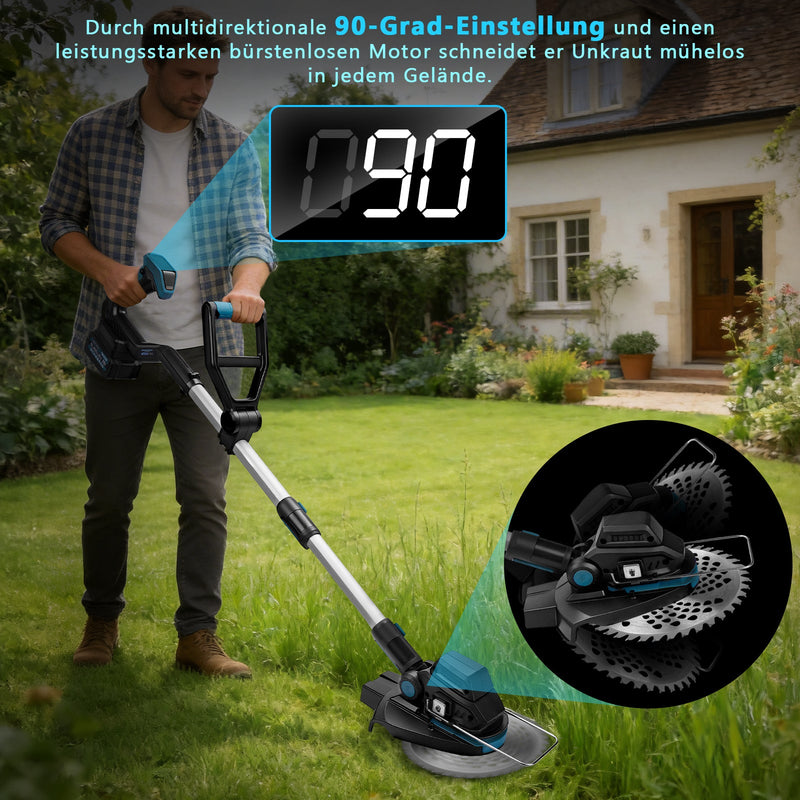 Akku Rasentrimmer 18V Bürstenlos mit 2x 4Ah Akku, Unkrautbürste, Sägeblatt, Freischneider, Makita Akku kompatibel, Teleskopstiel 100–140 cm