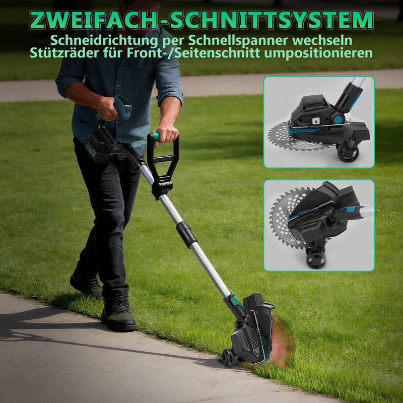 Akku Rasentrimmer 18V Bürstenlos mit Unkrautbürste, Sägeblatt & Metallmesser, Freischneider Makita Akku kompatibel, Teleskopstiel 100–140 cm