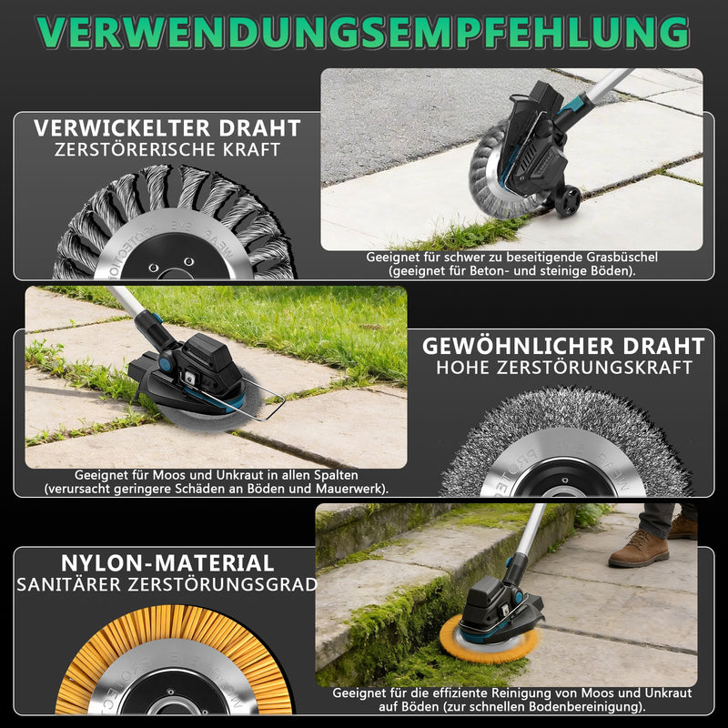 Akku Rasentrimmer 18V Bürstenlos mit Unkrautbürste, Sägeblatt & Metallmesser, Freischneider Makita Akku kompatibel, Teleskopstiel 100–140 cm