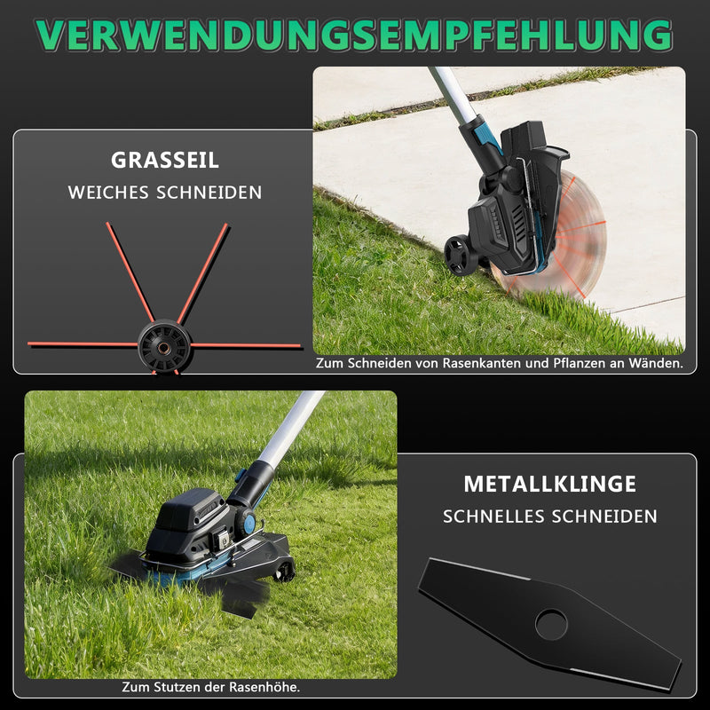 Akku Rasentrimmer 18V Bürstenlos mit Unkrautbürste, Sägeblatt & Metallmesser, Freischneider Makita Akku kompatibel, Teleskopstiel 100–140 cm