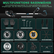 Akku Rasentrimmer 18V Bürstenlos mit Unkrautbürste, Sägeblatt & Metallmesser, Freischneider Makita Akku kompatibel, Teleskopstiel 100–140 cm