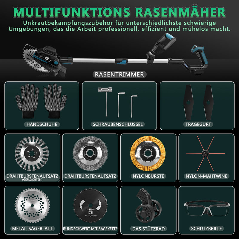 Akku Rasentrimmer 18V Bürstenlos mit Unkrautbürste, Sägeblatt & Metallmesser, Freischneider Makita Akku kompatibel, Teleskopstiel 100–140 cm