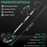 Akku Rasentrimmer 18V Bürstenlos mit Unkrautbürste, Sägeblatt & Metallmesser, Freischneider Makita Akku kompatibel, Teleskopstiel 100–140 cm