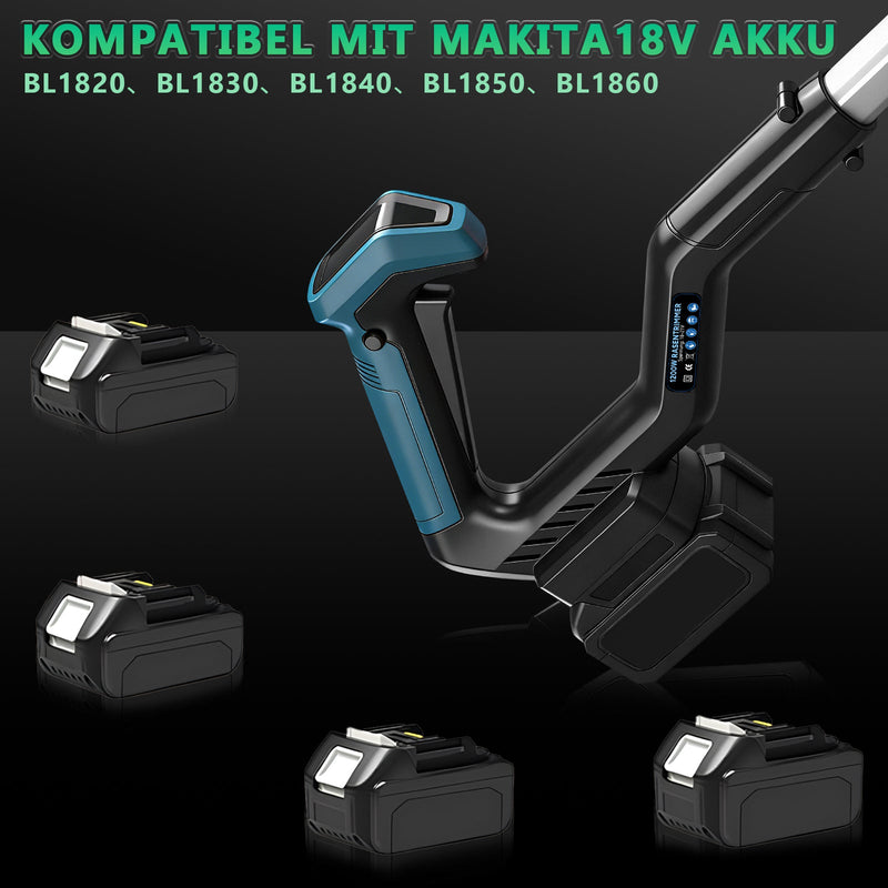 Akku Rasentrimmer 18V Bürstenlos mit Unkrautbürste, Sägeblatt & Metallmesser, Freischneider Makita Akku kompatibel, Teleskopstiel 100–140 cm