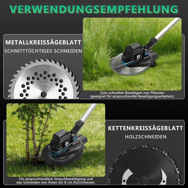 Akku Rasentrimmer 18V Bürstenlos mit Unkrautbürste, Sägeblatt & Metallmesser, Freischneider Makita Akku kompatibel, Teleskopstiel 100–140 cm