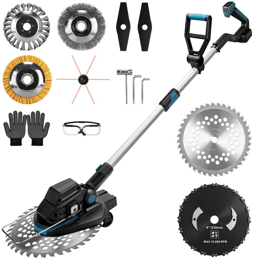 Akku Rasentrimmer 18V Bürstenlos mit Unkrautbürste, Sägeblatt & Metallmesser, Freischneider Makita Akku kompatibel, Teleskopstiel 100–140 cm