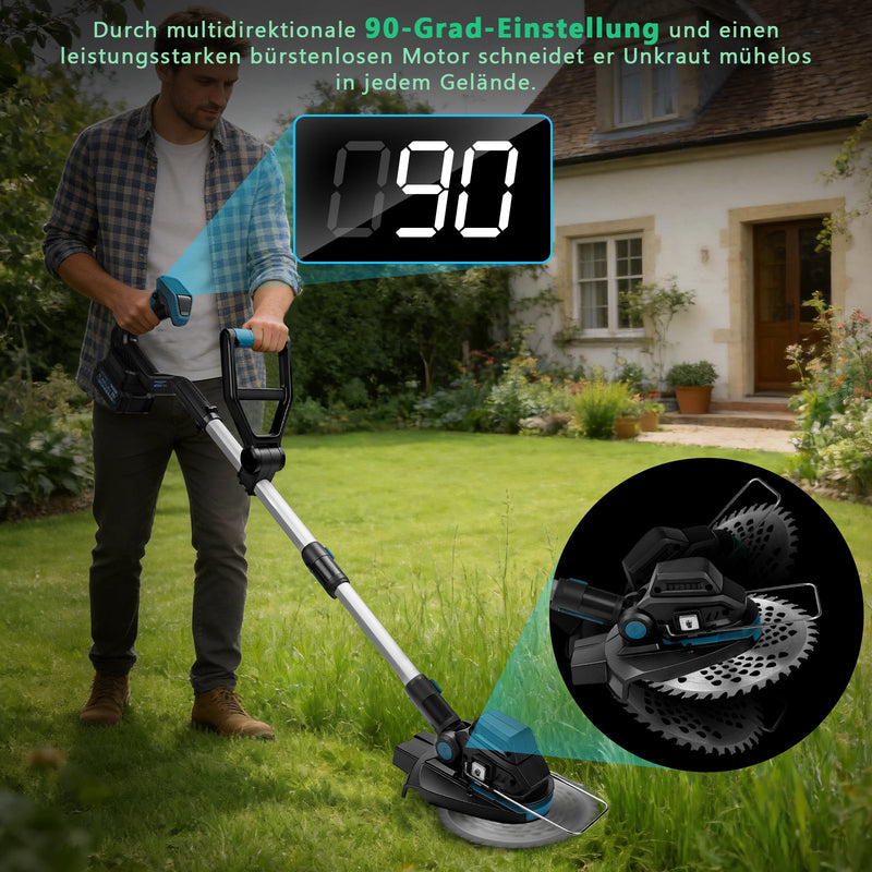 Akku Rasentrimmer 18V Bürstenlos mit Unkrautbürste, Sägeblatt & Metallmesser, Freischneider Makita Akku kompatibel, Teleskopstiel 100–140 cm