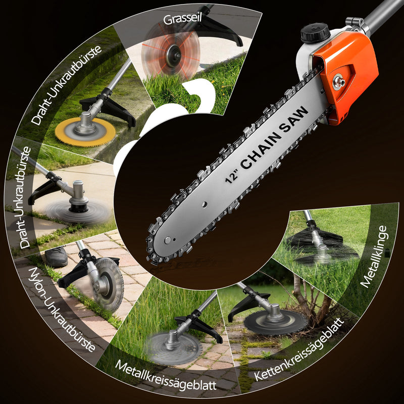 Akku Rasentrimmer mit Hochentaster 1380W Bürstenlos 2x 4Ah Akku Freischneider Unkrautbürste Multifunktion Gartengerät 4in1