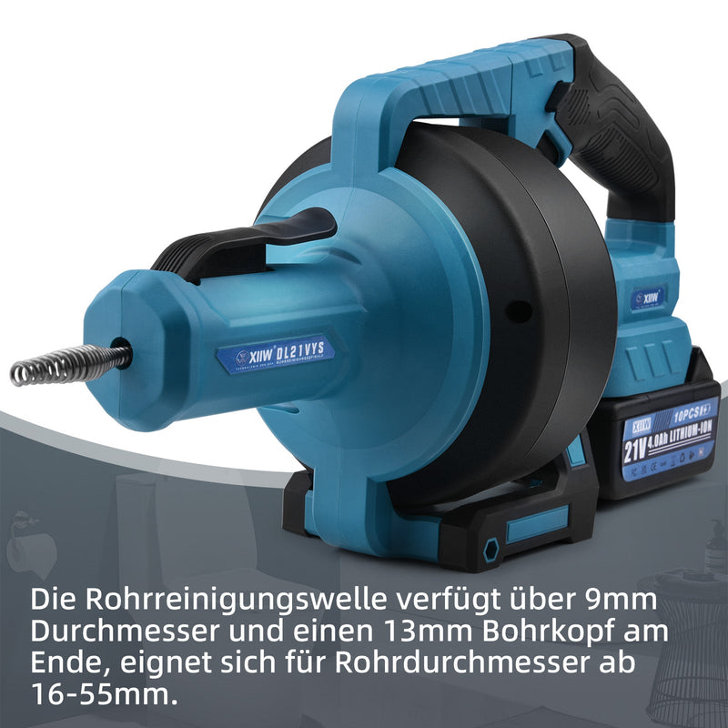 Akku Rohrreinigungsmaschine 21V – mit 7,6 m Spirale, stufenloser Drehzahl, 2 Akkus, für Abfluss & Küche