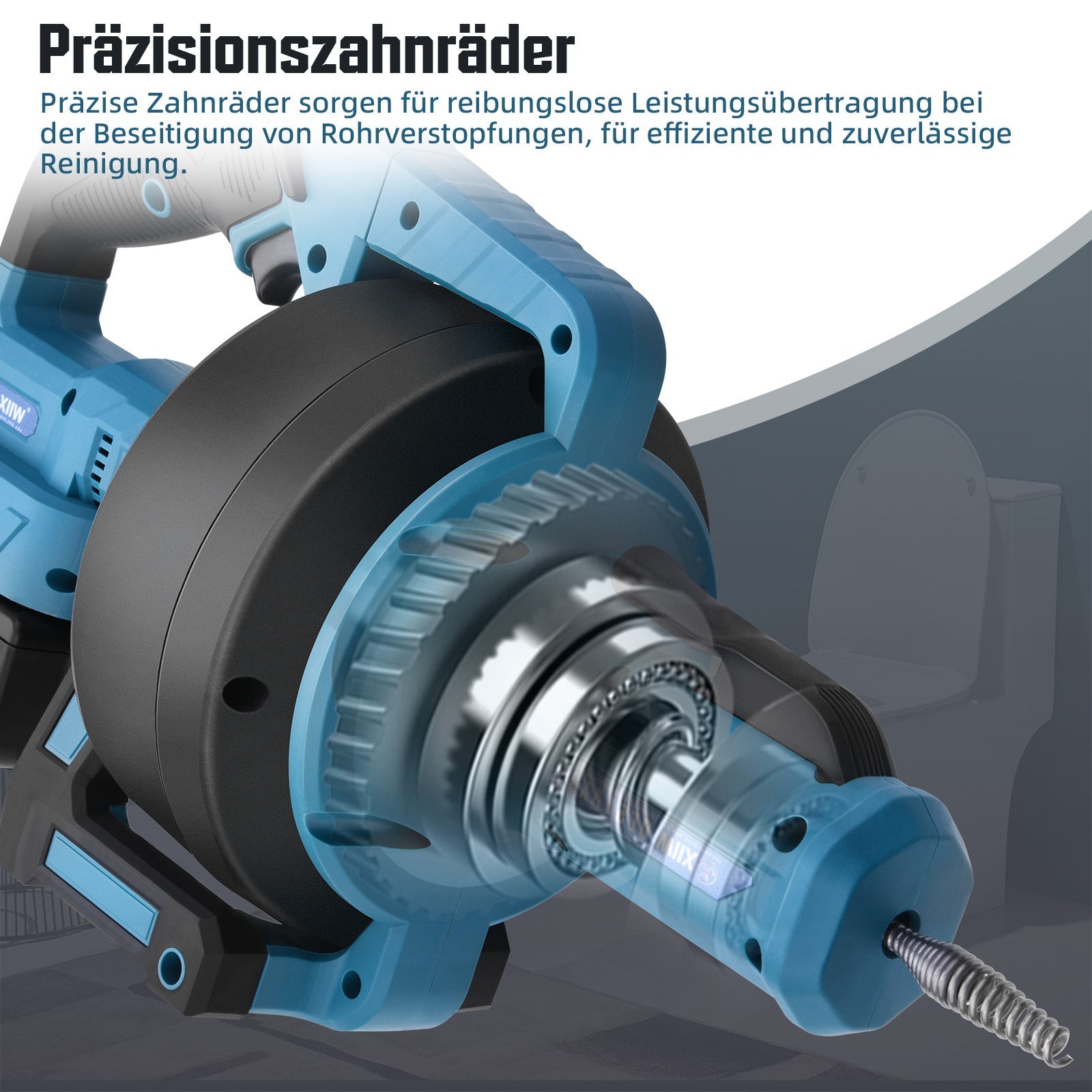 Akku Rohrreinigungsmaschine 21V – mit 7,6 m Spirale, stufenloser Drehzahl, 2 Akkus, für Abfluss & Küche