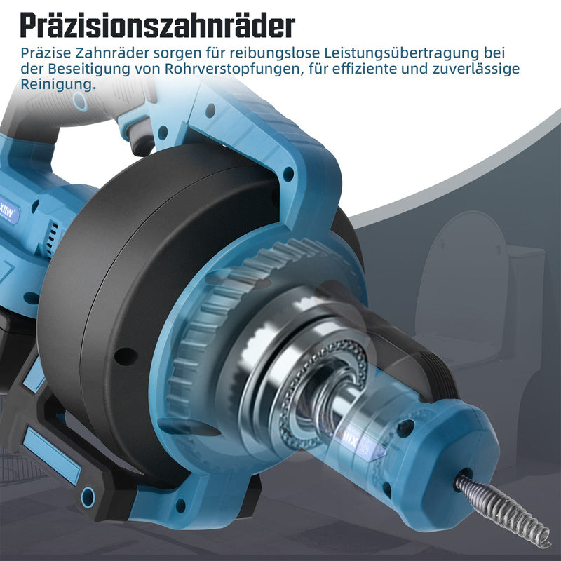 Akku Rohrreinigungsmaschine 21V – mit 7,6 m Spirale, stufenloser Drehzahl, 2 Akkus, für Abfluss & Küche