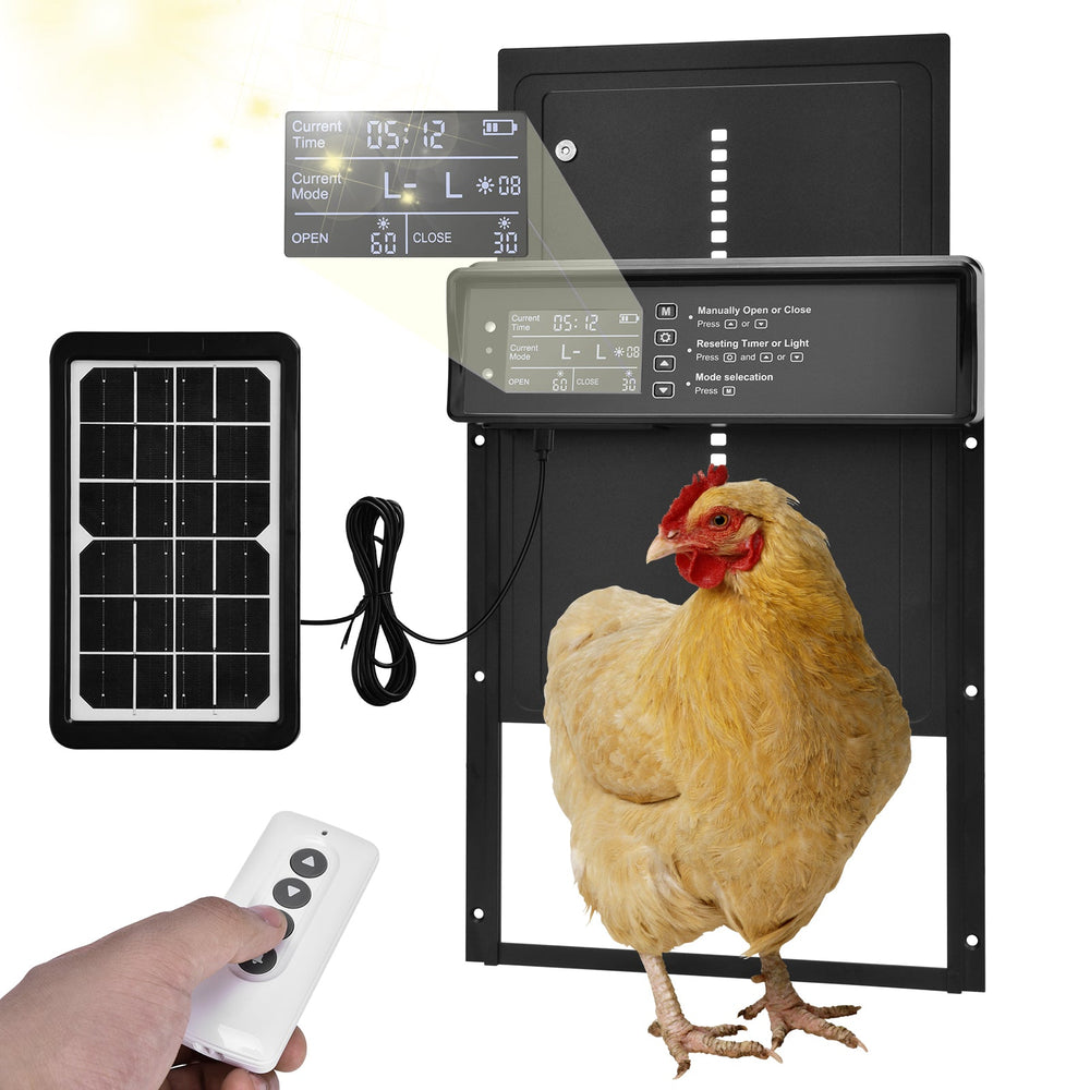 Automatic Chicken Coop Door Solar - Intelligent Chicken Coop Gate with Timer, Light Sensor and Remote Control, Weatherproof (IP45)