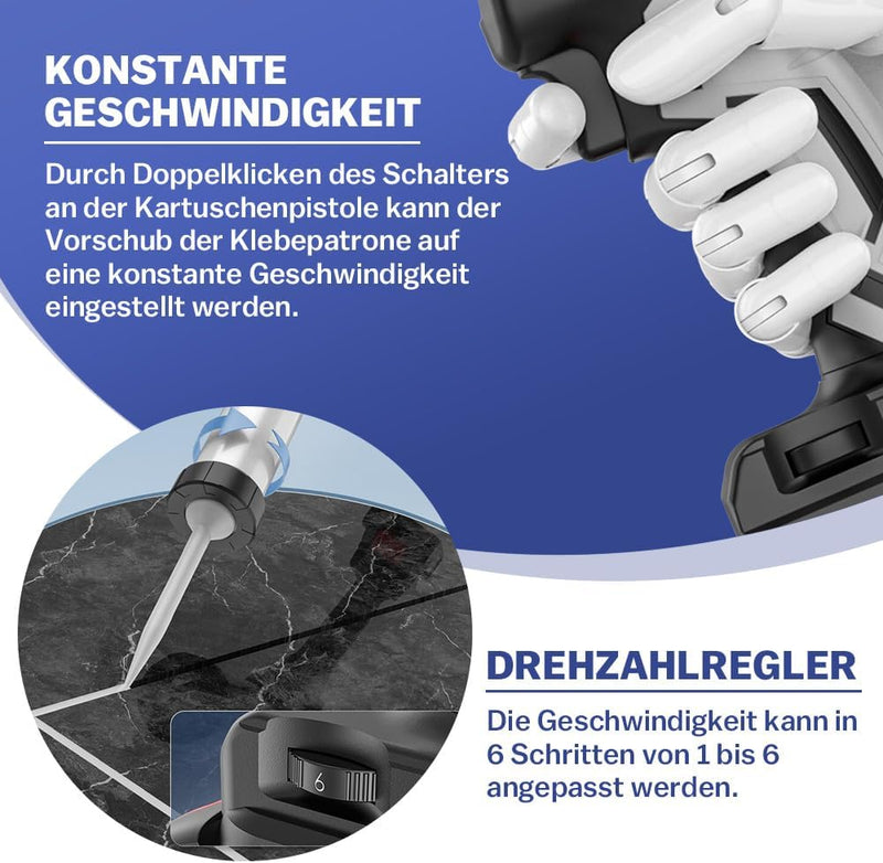 Automatische Kartuschenpistole mit LED - Beleuchtung, variabler Geschwindigkeit & 7840 N Druck – Ideal für Silikon - und Glasverklebung