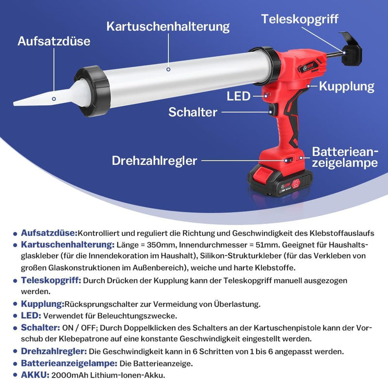 Automatische Kartuschenpistole mit LED - Beleuchtung, variabler Geschwindigkeit & 7840 N Druck – Ideal für Silikon - und Glasverklebung