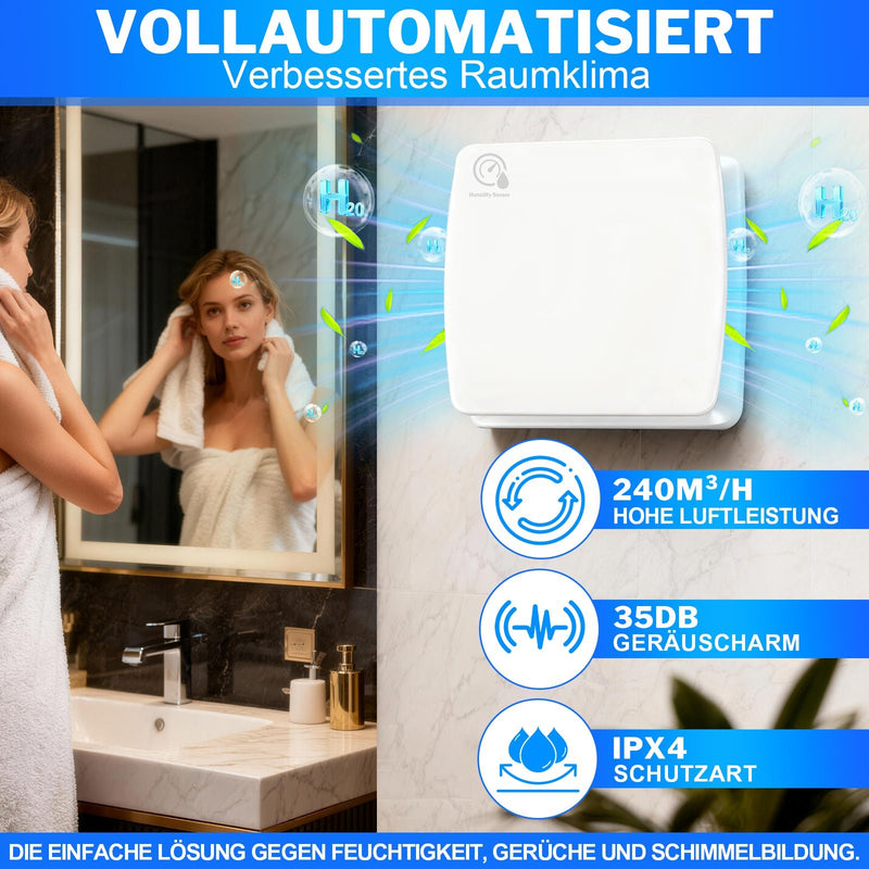 Automatischer Luftentfeuchter mit Feuchtesensor & Nachlauffunktion – Leiser Ventilator für Badezimmer & Küche, IPX4 Spritzwasserschutz