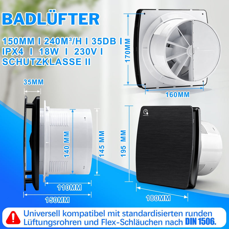 Automatischer Luftentfeuchter mit Feuchtigkeitssensor und Timer - Nachlauf – Leiser IPX4 - Badlüfter für Bad, Dusche und Küche