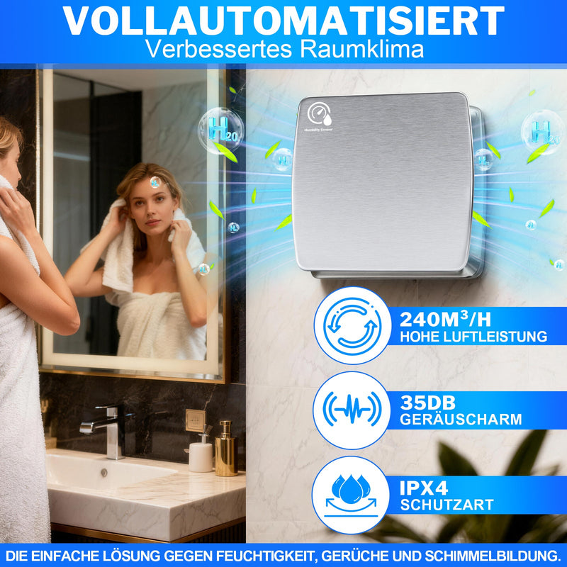 Automatischer Luftentfeuchter mit integriertem Hygrostat und Nachlaufmodus – Geräuscharmer Bad - & Küchenlüfter, spritzwassergeschützt nach IPX4