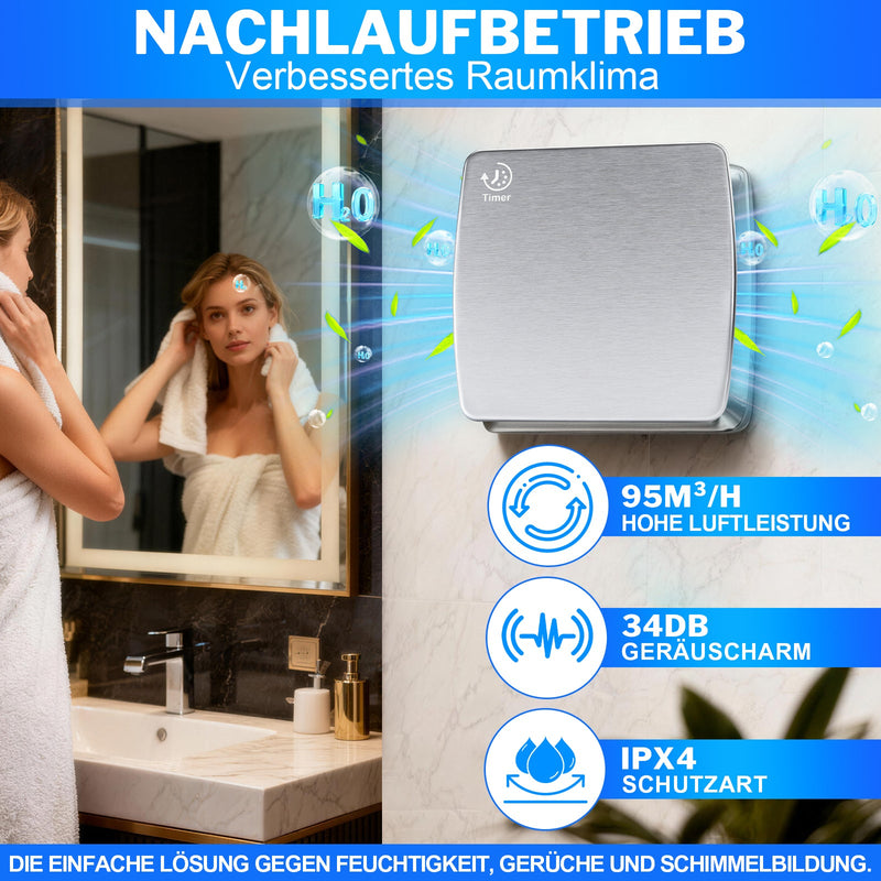 Badlüfter 150mm mit Feuchtesensor & Nachlauftimer, 95 m³/h leiser Abluftventilator IPX4 mit Rückstauklappe gegen Feuchtigkeit & Schimmel