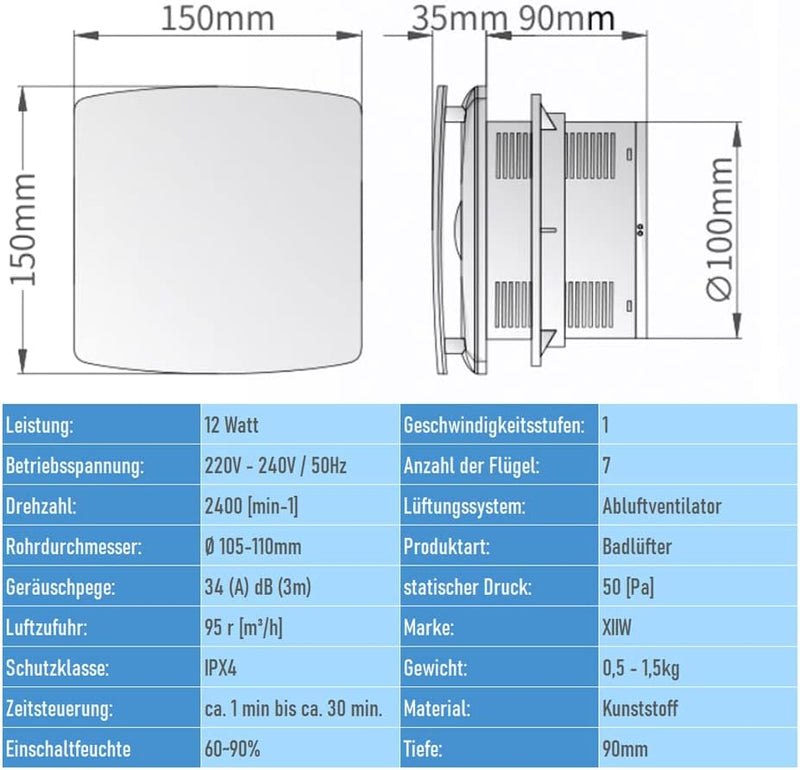 Badlüfter Ø100mm mit Timer – Leise (34dB), Energiesparend (12W), IPX4 Spritzwassergeschützt für Bad & WC