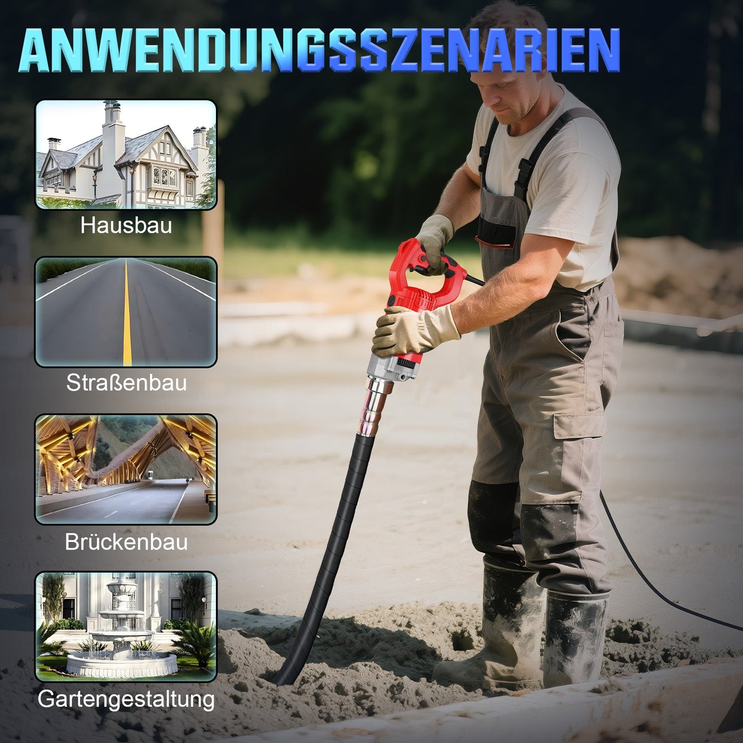Betonrüttler 2100W mit 38 mm Vibrationskopf – Für Fundamente, Bauarbeiten und Bodenplatten