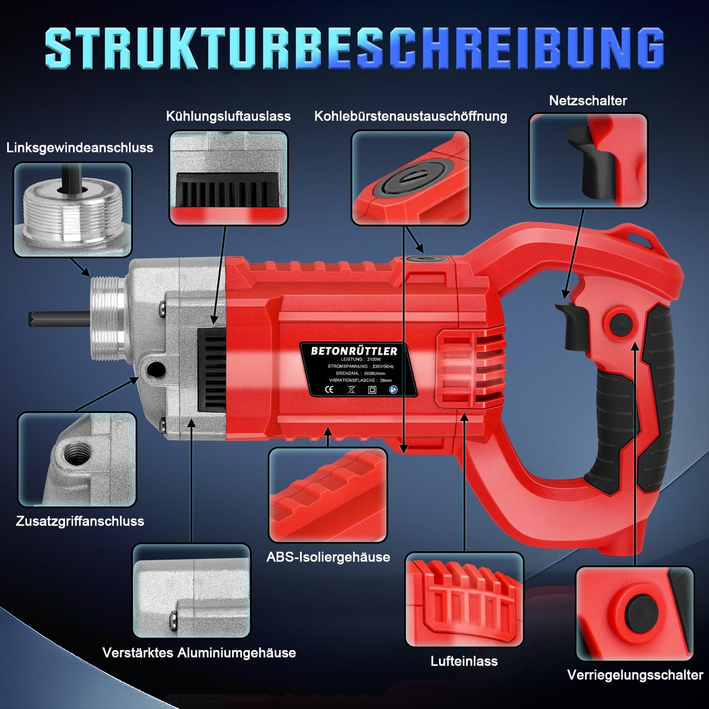 Betonrüttler 2100W mit 38 mm Vibrationskopf – Für Fundamente, Bauarbeiten und Bodenplatten