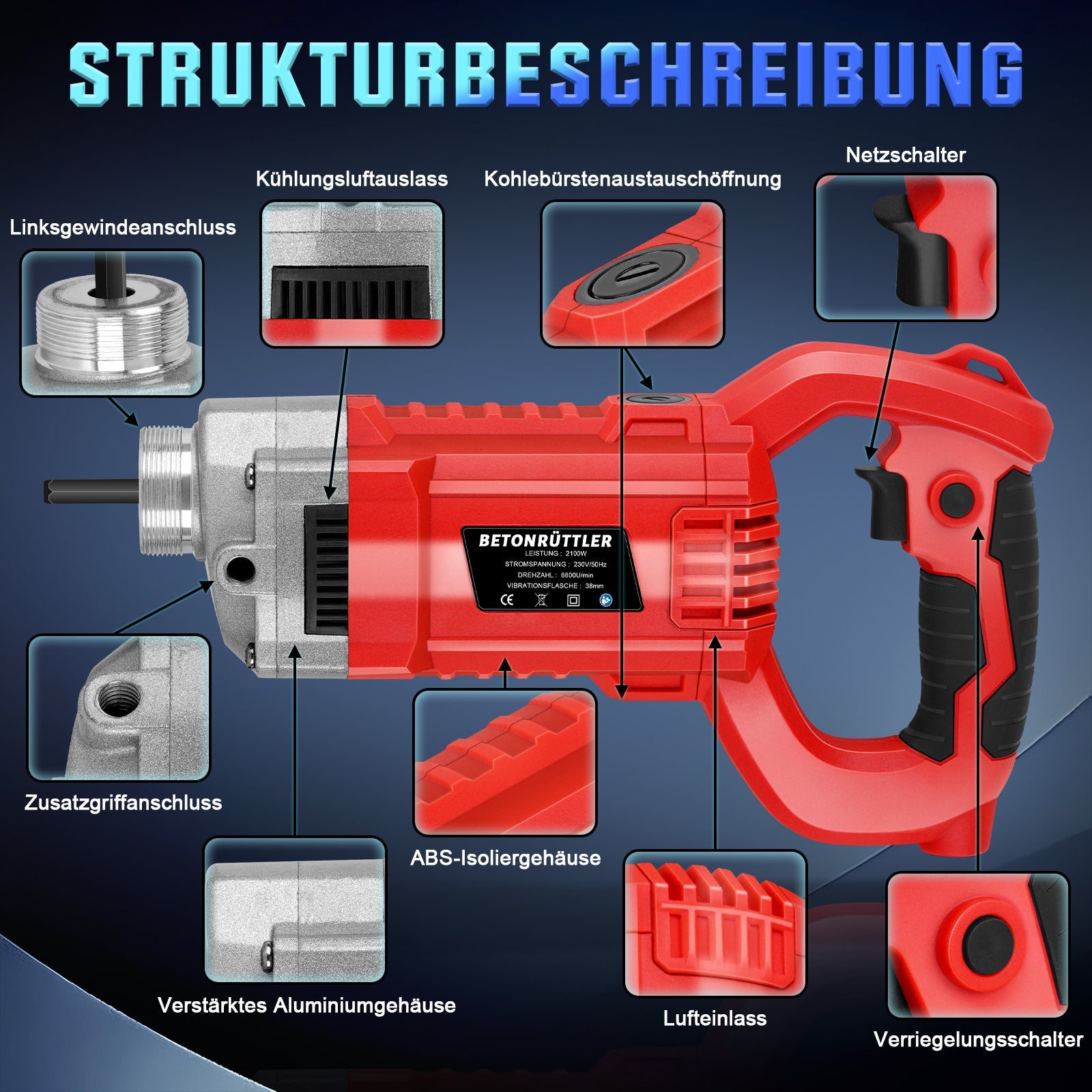 Betonrüttler 2100W mit 38 mm Vibrationskopf – Für Fundamente, Bauarbeiten und Bodenplatten